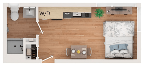 A bedroom with a bed, nightstand, and a plant.